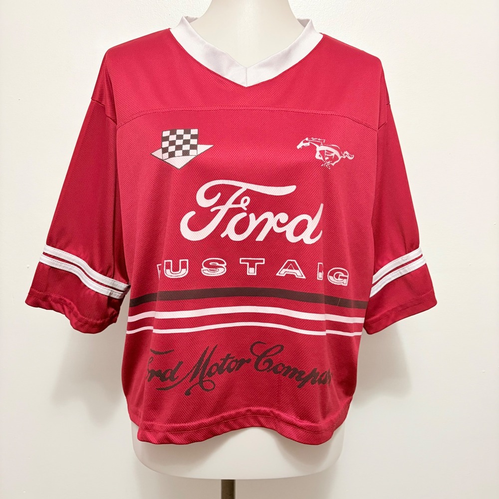Ford Mustang Jersey  Large Red Racing Graphic Mesh V-Neck Short Sleeve Sporty - Picture 2 of 6